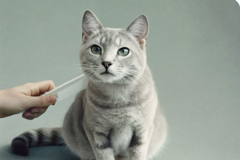 A cat being combed against a plain pastel background