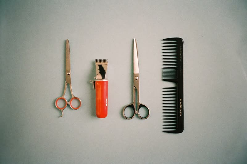 Grooming clippers, scissors, brush and comb laid out on a plain background
