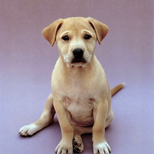 A puppy sitting calmly against a plain pastel background